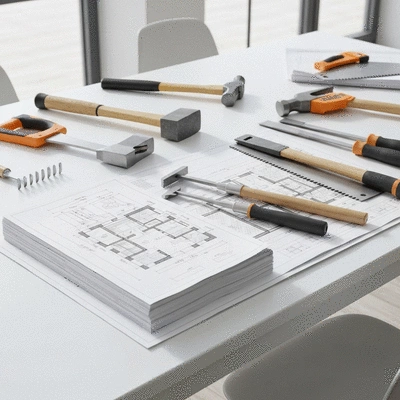 Architectural plan and demolition tools on a table