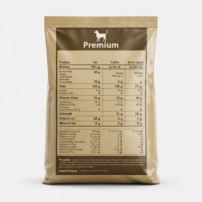 Detailed nutritional information label on a bag of premium dog food, showing protein, fat, carbs, vitamins, and minerals