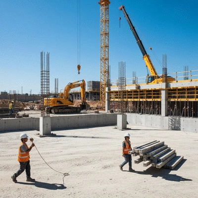 Construction site with workers and heavy machinery