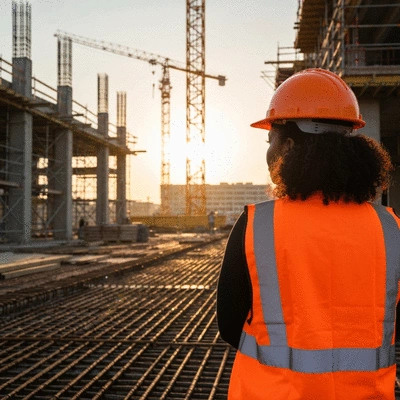Professional holding a clipboard with a checklist, reviewing safety protocols on a construction site, no text, no words
