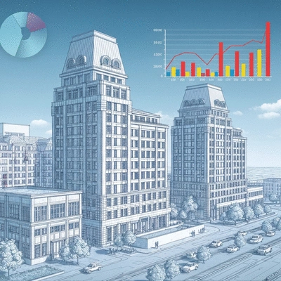 Architectural drawing of a building with financial charts overlaid