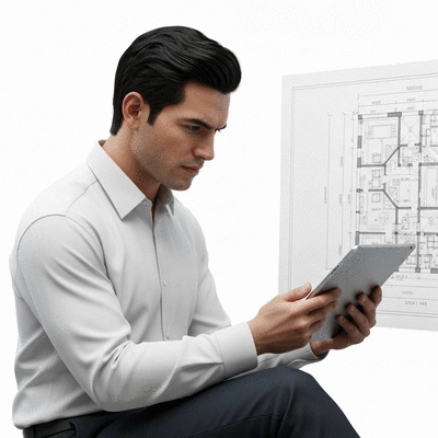 Architect reviewing construction plans on a tablet with a blueprint in the background
