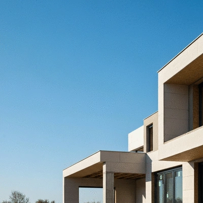 Modern house under construction with a clear blue sky, symbolizing a protected and well-built project