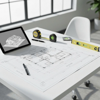 Architectural blueprint of a modular kit house on a desk with construction tools