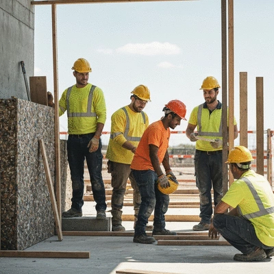 Construction workers collaborating on a renovation project, demonstrating teamwork and expertise