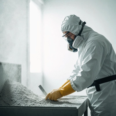 Professional worker in full protective gear performing asbestos removal in a controlled environment