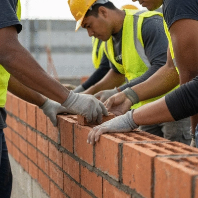 Construction workers laying bricks on a wall