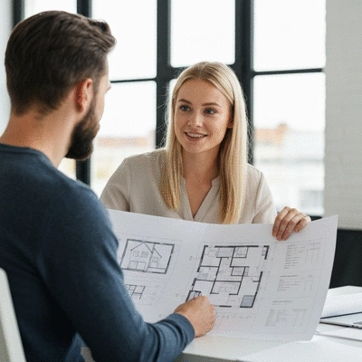 Architect reviewing house extension plans with a client