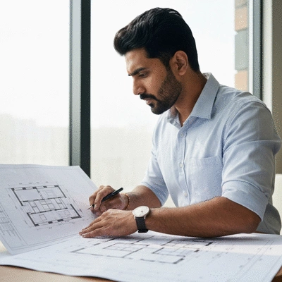 Architect reviewing blueprints for a house elevation project