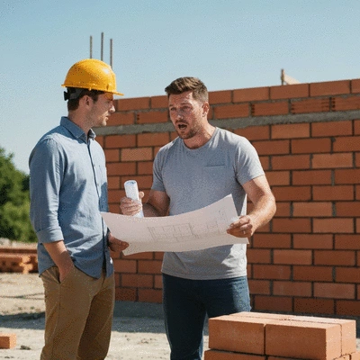 Maçon expliquant des plans de construction à un client sur un chantier