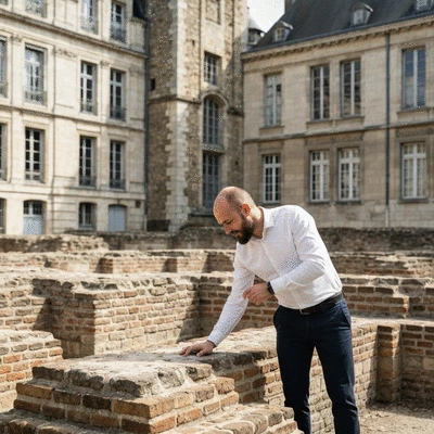 Architect examining ancient building foundations in Nantes, France