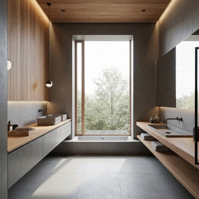 Modern bathroom with natural wood accents and earthy tones