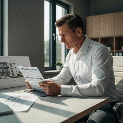 Person reviewing multiple masonry quotes on a tablet, with a blueprint in the background