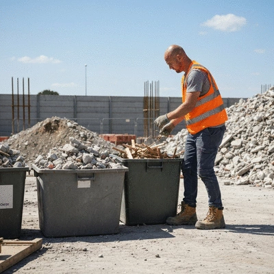 Worker wearing protective gear sorting construction waste