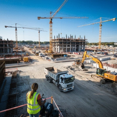 Construction site with modern demolition equipment