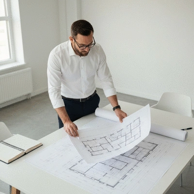 Architect reviewing construction plans on a table