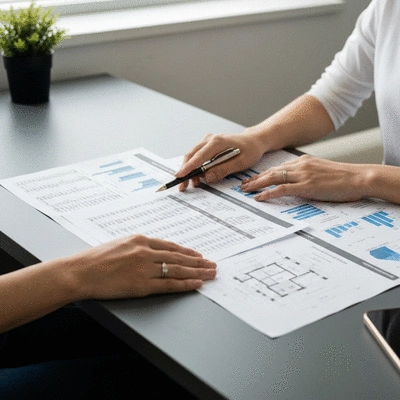 Person reviewing financial documents and architectural plans