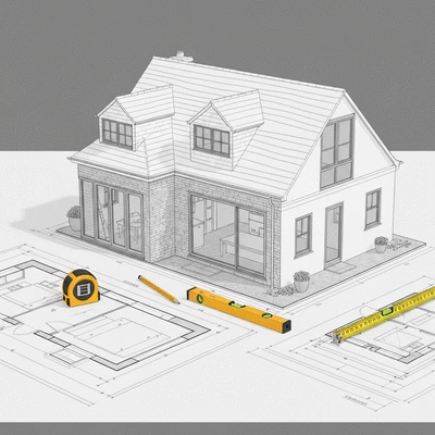 Architectural drawing or blueprint of a house extension project, with construction tools on a desk, clean image, no text, no words, no typography
