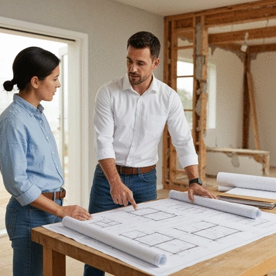Professional builder with blueprints explaining load-bearing wall demolition to a homeowner, no text, no words, no typography, 8K, clean image