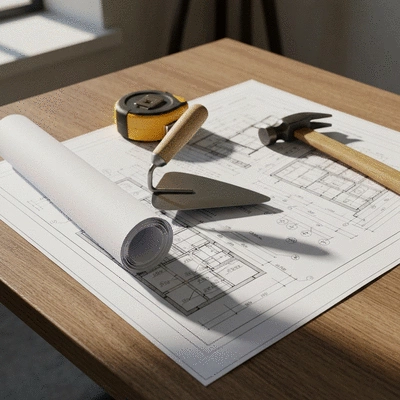 Architectural blueprint and construction tools on a table