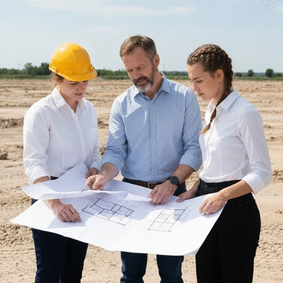 Architects reviewing blueprints for a new construction project on a cleared site, symbolizing total demolition, no text, no words, no typography, clean image