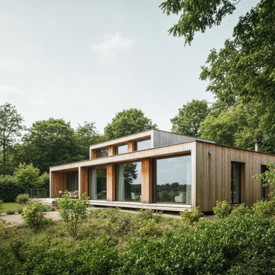 Modern wooden house with large windows in a green, natural setting near Nantes