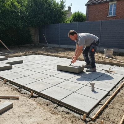 Professional mason installing concrete slabs for a patio in Nantes, France