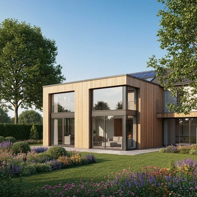 Modern house with a new, well-integrated wooden extension, surrounded by a landscaped garden, under a clear sky, no text, no words, no typography, 8K