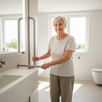 Elderly person using a grab bar in a modernized bathroom