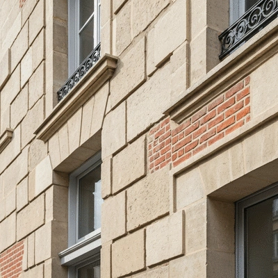 Detailed close-up of a renovated building facade in Nantes, showcasing traditional masonry and modern protective coatings, no text, no words, no typography, clean image