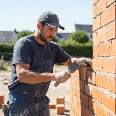 Un maçon professionnel travaillant sur un mur en briques avec des outils de maçonnerie, en pleine lumière du jour sur un chantier à Nantes, no text, no words, no typography, 8K, clean image