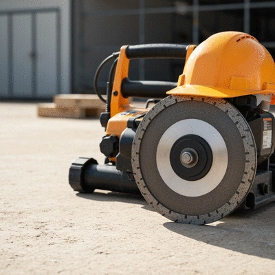 Close-up of construction tools like a diamond disc cutter and safety helmet on a clean construction site, no text, no words, no typography, 8K, clean image