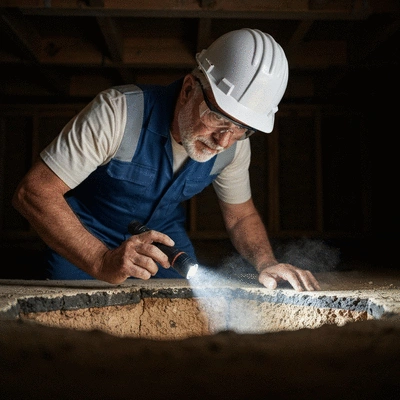 Expert inspecting a house foundation for structural cracks, wearing protective gear. No text, no words, no typography, no labels, clean image.