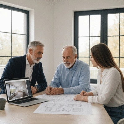 Professional architect reviewing renovation plans with a client, modern office setting, blueprints on table, no text, no words, no typography, 8K
