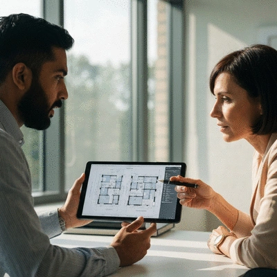 Professional architect consulting with a client, showing building plans on a tablet, no text, no words, no typography, 8K, natural lighting